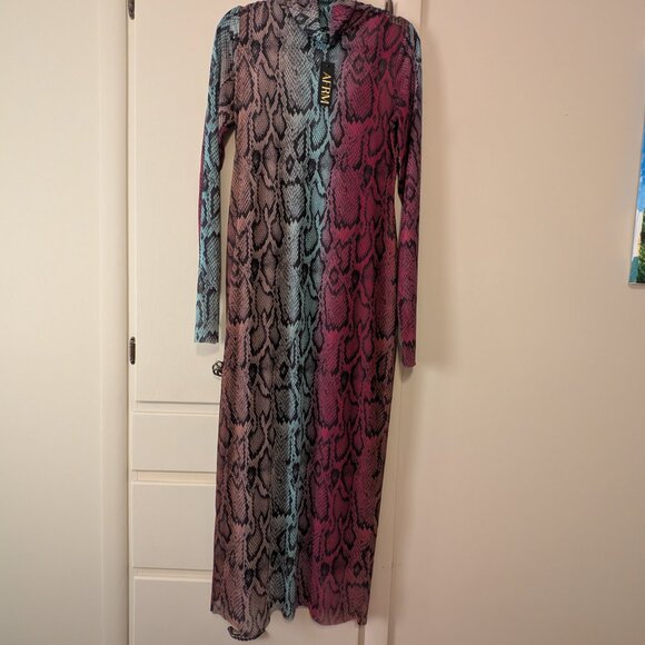 AFRM Shailene Long Sleeve Print Mesh Dress In Snake Ombre (XL) - Picture 3 of 5